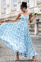 Laden Sie das Bild in den Galerie-Viewer, Weiß Blau Blume A Linie Spaghettiträger Maxi Hochzeit Party Gästekleid
