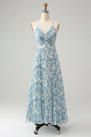 Laden Sie das Bild in den Galerie-Viewer, Weiß Blau Blume A Linie Spaghettiträger Maxi Hochzeit Party Gästekleid