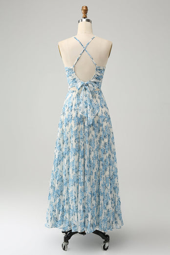 Weiß Blau Blume Spaghetti Träger A Linie Hochzeitsgast Kleid