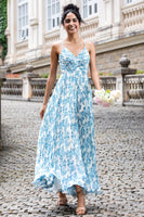 Laden Sie das Bild in den Galerie-Viewer, Weiß Blau Blume A Linie Spaghettiträger Maxi Hochzeit Party Gästekleid