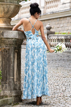 Weiß Blau Blume A Linie Spaghettiträger Maxi Hochzeit Party Gästekleid