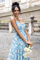 Laden Sie das Bild in den Galerie-Viewer, Weiß Blau Blume A Linie Spaghettiträger Maxi Hochzeit Party Gästekleid