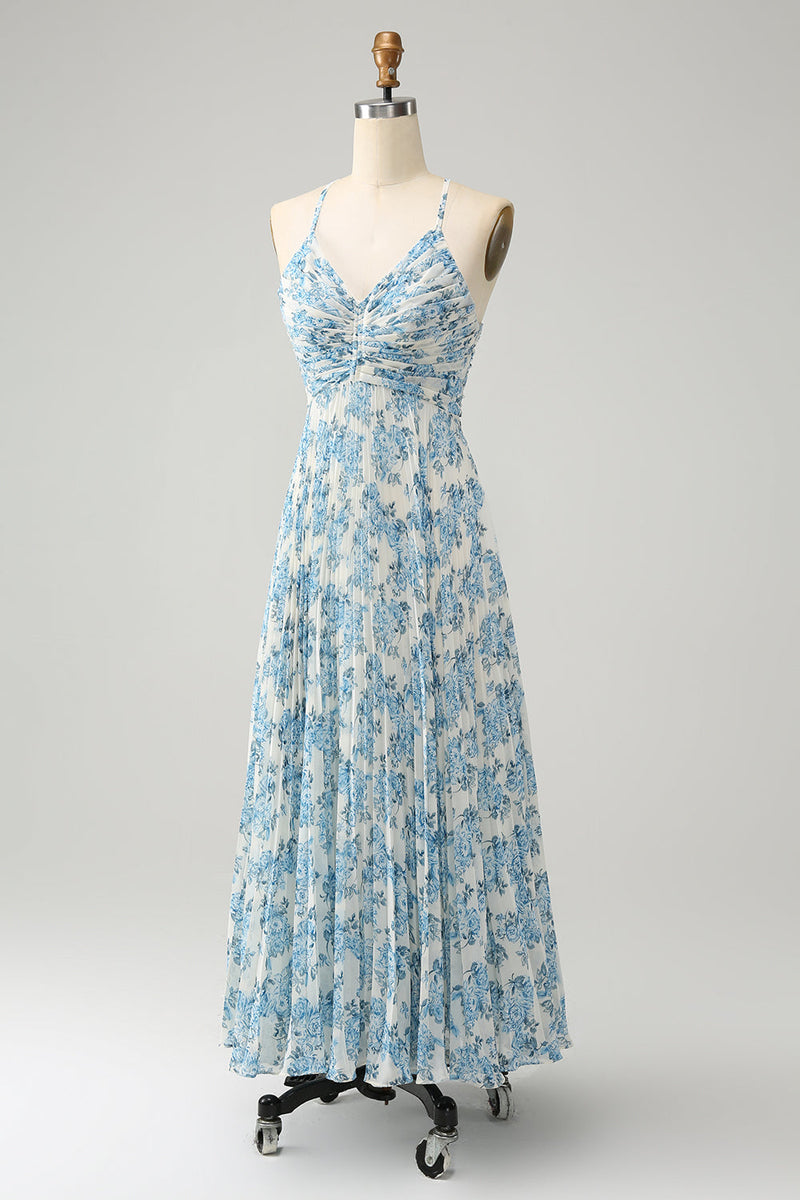 Laden Sie das Bild in den Galerie-Viewer, Weiß Blau Blume Spaghetti Träger A Linie Hochzeitsgast Kleid