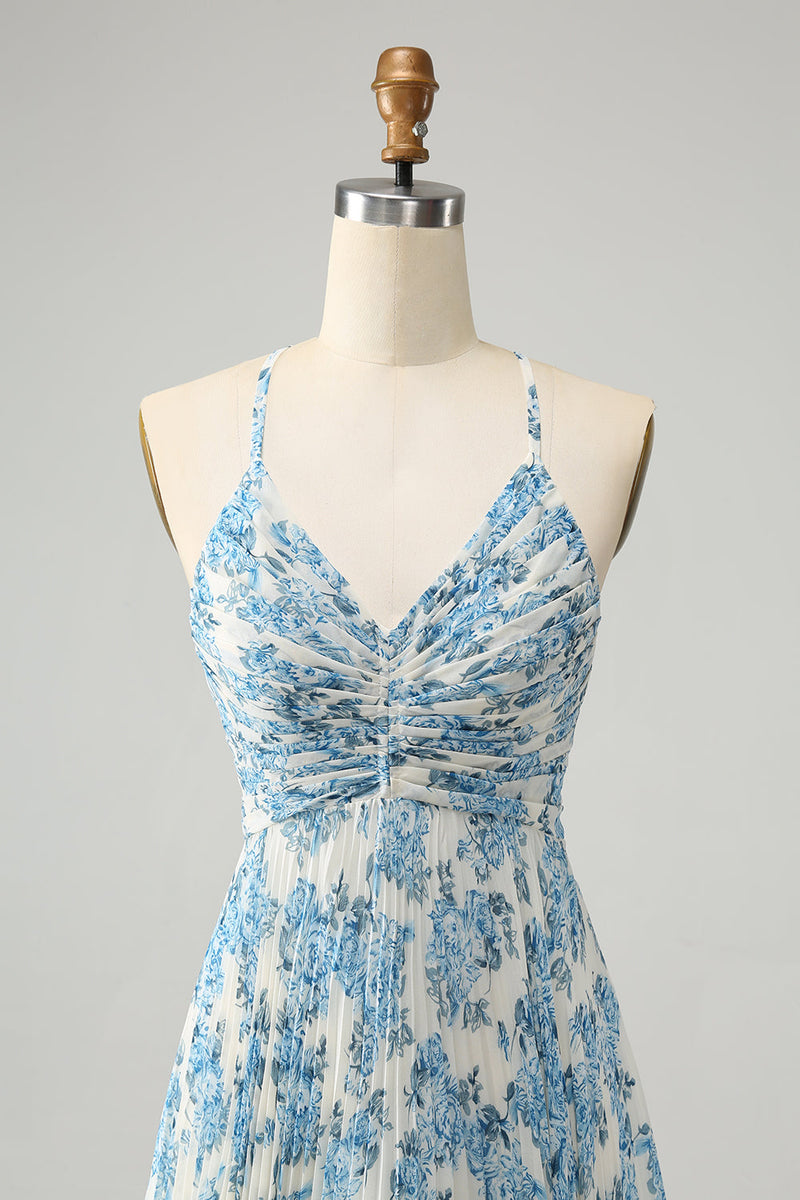 Laden Sie das Bild in den Galerie-Viewer, Weiß Blau Blume Spaghetti Träger A Linie Hochzeitsgast Kleid