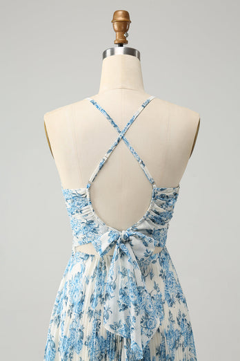 Weiß Blau Blume Spaghetti Träger A Linie Hochzeitsgast Kleid
