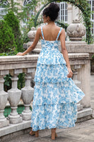 Laden Sie das Bild in den Galerie-Viewer, Weißes blaues A-Linie Korsett gestuftes langes Hochzeitsparty Gästekleid mit Blumenmuster