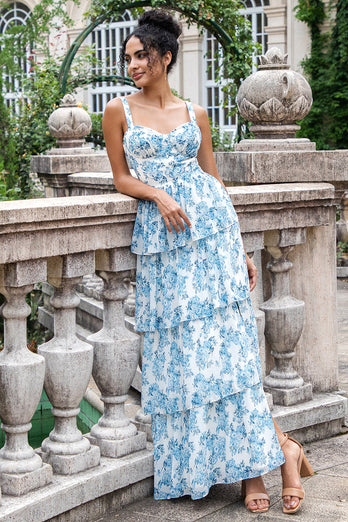 Weißes blaues A-Linie Korsett gestuftes langes Hochzeitsparty Gästekleid mit Blumenmuster