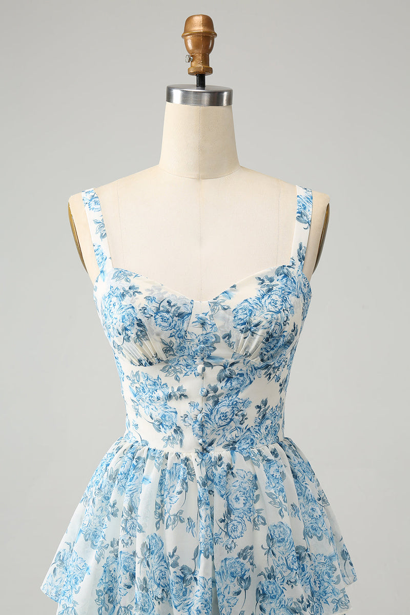 Laden Sie das Bild in den Galerie-Viewer, Weißes blaues Korsett gestuftes florales Hochzeitsgastkleid