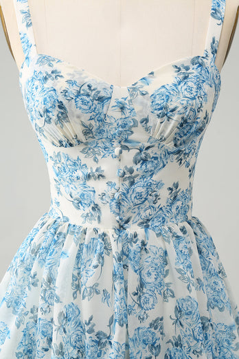 Weißes blaues Korsett gestuftes florales Hochzeitsgastkleid