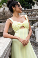 Laden Sie das Bild in den Galerie-Viewer, Zitronengelbes langes Brautjungfernkleid mit Schlüsselloch und Schlitz