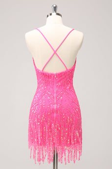 Glitzerndes Hot Pink Enge Pailletten V-Ausschnitt Abiballkleid mit Fransen