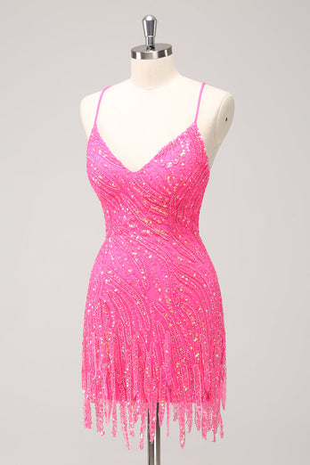 Glitzerndes Hot Pink Enge Pailletten V-Ausschnitt Abiballkleid mit Fransen