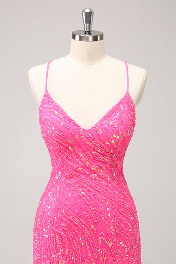 Glitzerndes Hot Pink Enge Pailletten V-Ausschnitt Abiballkleid mit Fransen