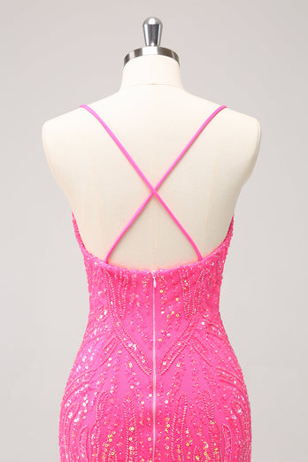 Glitzerndes Hot Pink Enge Pailletten V-Ausschnitt Abiballkleid mit Fransen