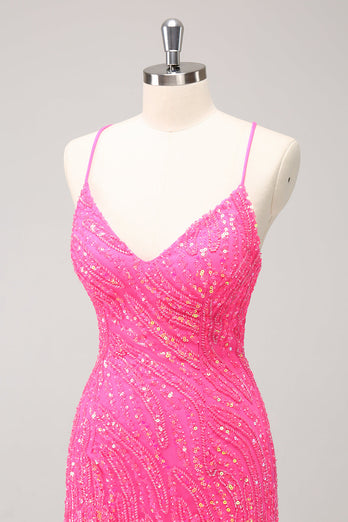 Glitzerndes Hot Pink Enge Pailletten V-Ausschnitt Abiballkleid mit Fransen