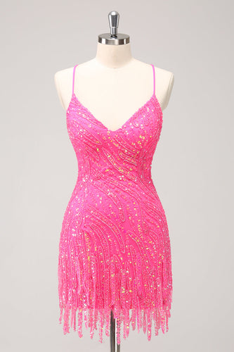 Glitzerndes Hot Pink Enge Pailletten V-Ausschnitt Abiballkleid mit Fransen