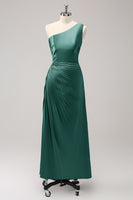 Laden Sie das Bild in den Galerie-Viewer, Blaues langes Brautjungfernkleid aus Satin mit einer Schulter und Schlüsselloch