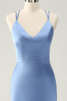 Laden Sie das Bild in den Galerie-Viewer, Blaues Meerjungfrau Spaghettiträger Satin Brautjungfernkleid mit Schlitz