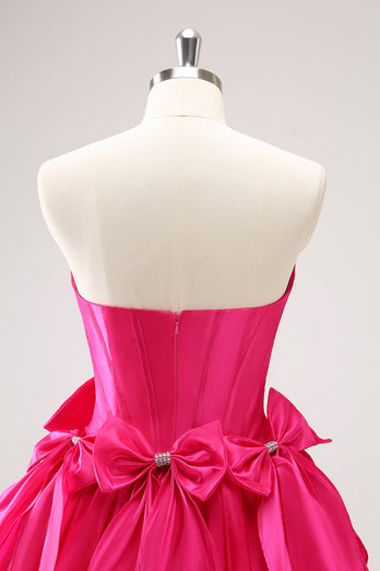 Fuchsia A Linie trägerloses Korsett Kurzes Cocktailkleid mit Schleifen