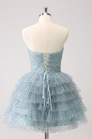 Laden Sie das Bild in den Galerie-Viewer, Blaues A-Linie gestuftes gepunktetes trägerloses Cocktailkleid mit Schleifen