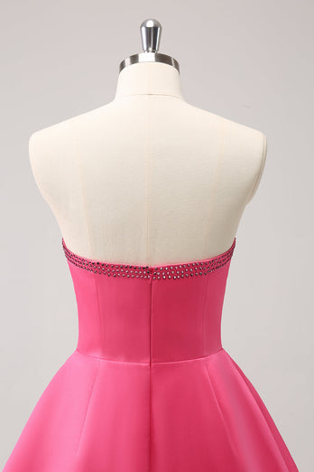 Glitzerndes A-Linie fuchsia trägerloses Abiballkleid mit Perlen und Schleifen