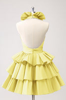 Laden Sie das Bild in den Galerie-Viewer, Königsblaues A-Linie Neckholder gestuftes kurzes Abiballkleid mit Rüschen