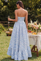 Laden Sie das Bild in den Galerie-Viewer, A-Linie blaues geblümtes trägerloses, hoch und tiefes Blumenkleid