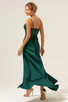 Laden Sie das Bild in den Galerie-Viewer, Dunkelgrünes Meerjungfrau Spaghettiträger Korsett Satin Langes Brautjungfernkleid mit Schlitz