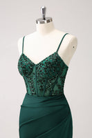 Laden Sie das Bild in den Galerie-Viewer, Dunkelgrünes Meerjungfrauen Spaghettiträger Satin Langes Abendkleid mit Schlitz