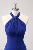 Laden Sie das Bild in den Galerie-Viewer, Glitzerblaues Neckholder Bodycon Meerjungfrauen Brautkleid