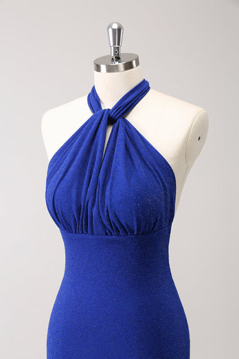 Glitzerblaues Neckholder Bodycon Meerjungfrauen Brautkleid