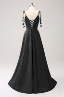 Laden Sie das Bild in den Galerie-Viewer, Blaues A-Linie bodenlanges Kleid aus Satin mit Spaghettiträgern und Schlitz