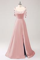 Laden Sie das Bild in den Galerie-Viewer, Blaues A-Linie bodenlanges Kleid aus Satin mit Spaghettiträgern und Schlitz