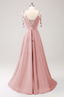 Laden Sie das Bild in den Galerie-Viewer, Blaues A-Linie bodenlanges Kleid aus Satin mit Spaghettiträgern und Schlitz