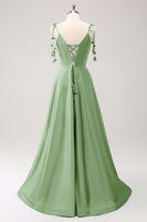 Laden Sie das Bild in den Galerie-Viewer, Blaues A-Linie bodenlanges Kleid aus Satin mit Spaghettiträgern und Schlitz