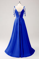 Laden Sie das Bild in den Galerie-Viewer, Blaues A-Linie bodenlanges Kleid aus Satin mit Spaghettiträgern und Schlitz