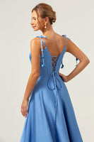 Laden Sie das Bild in den Galerie-Viewer, Blaues A-Linie Spaghettiträger Korsett Langes Satin Brautjungfernkleid mit Schlitz
