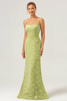 Laden Sie das Bild in den Galerie-Viewer, Grünes Meerjungfrau Spaghettiträger Besticktes Brautjungfernkleid mit Spitze am Rücken