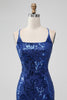Laden Sie das Bild in den Galerie-Viewer, Königsblaues figurbetontes kurzes Abiballkleid mit Pailletten und Schnürung am Rücken