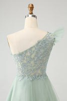 Laden Sie das Bild in den Galerie-Viewer, Süßes Dusty Sage A Linie Eine Schulter Tüll Abiballkleid mit Applikationen