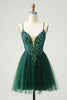 Laden Sie das Bild in den Galerie-Viewer, Glitzerndes dunkelgrünes A-Linie Kleid mit Paillettenapplikationen und V-Ausschnitt