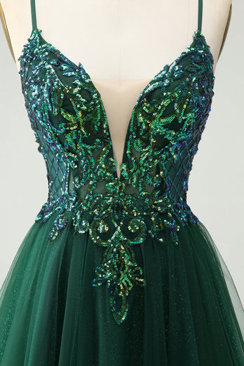 Glitzerndes dunkelgrünes A-Linie Kleid mit Paillettenapplikationen und V-Ausschnitt