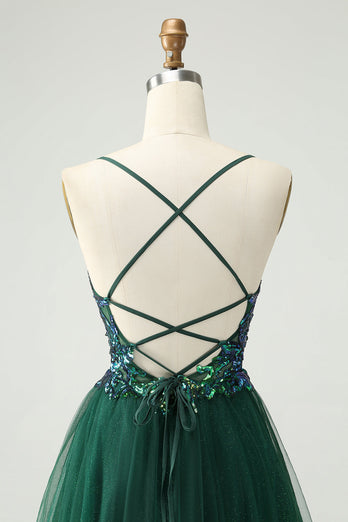 Glitzerndes dunkelgrünes A-Linie Kleid mit Paillettenapplikationen und V-Ausschnitt