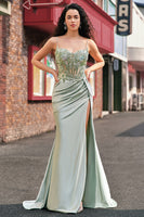 Laden Sie das Bild in den Galerie-Viewer, Stilvolles Salbei Meerjungfrauen Plissee Pailletten Korsett Langes Ballkleid mit hohem Schlitz