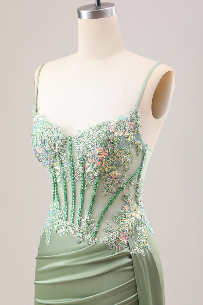 Laden Sie das Bild in den Galerie-Viewer, Stilvolles lila Meerjungfrau plissiertes Pailletten korsett Langes Ballkleid mit Schlitz