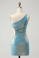Laden Sie das Bild in den Galerie-Viewer, Blaues Bodycon Eine Schulter Satin Kurzes Abiballkleid mit Schlitz