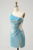 Laden Sie das Bild in den Galerie-Viewer, Blaues Bodycon Eine Schulter Satin Kurzes Abiballkleid mit Schlitz