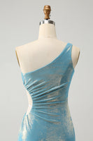 Laden Sie das Bild in den Galerie-Viewer, Blaues Bodycon Eine Schulter Satin Kurzes Abiballkleid mit Schlitz