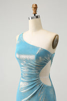 Laden Sie das Bild in den Galerie-Viewer, Blaues Bodycon Eine Schulter Satin Kurzes Abiballkleid mit Schlitz