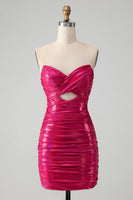 Laden Sie das Bild in den Galerie-Viewer, Fuchsia trägerloses Schlüsselloch Plissee Bodycon Abiballkleid